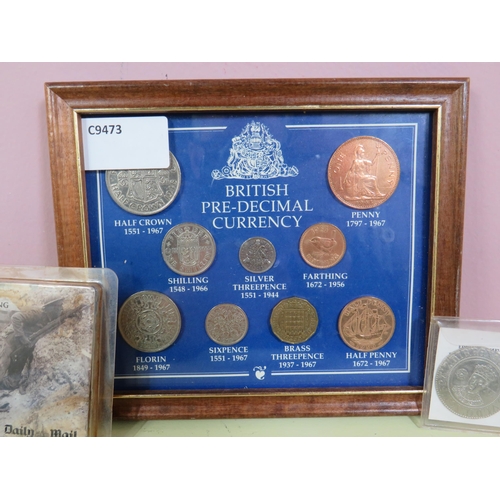 452 - British Pre Decimal Coins set under glass plus Reproduction WW1 Kings Shilling plus two pressed meta... 