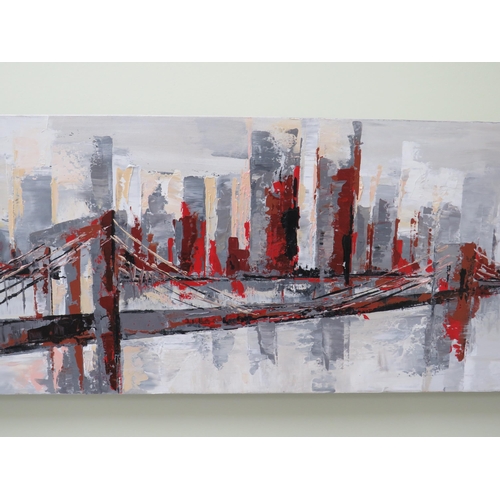 464 - Oil on stretched canvas by Japanese Artist of a New York Cityscape.  Measures approx 36 x 12 inches.