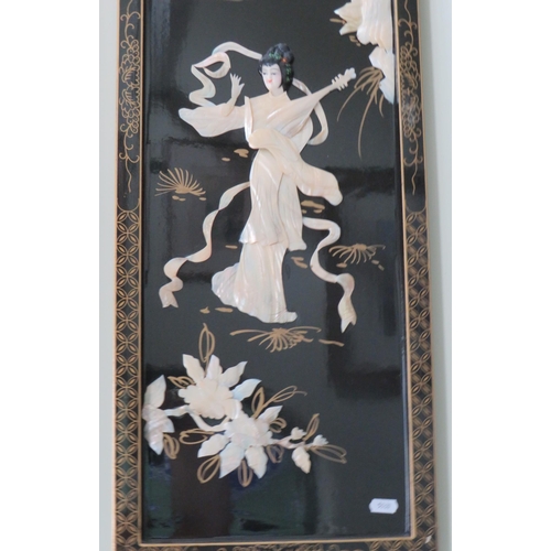 470 - Two Japaned Ebonised Wood Framed pictures with Abolone shell figures. Each measures 36 x 12 inches. ... 