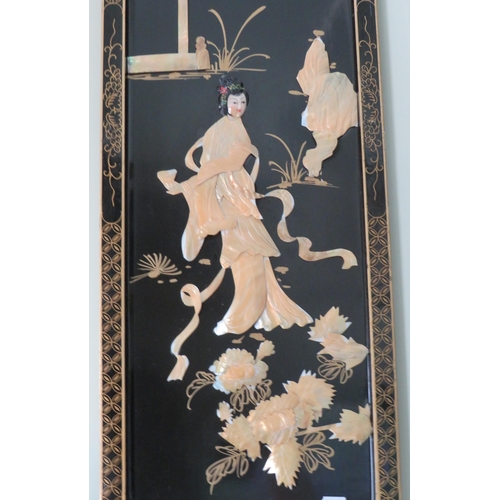 470 - Two Japaned Ebonised Wood Framed pictures with Abolone shell figures. Each measures 36 x 12 inches. ... 