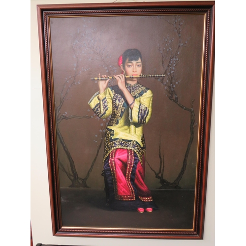 471 - Beautifully Painted Study of an Oriental Flute Player in Acrylics on Board. Frame size 27 x 39 inche... 