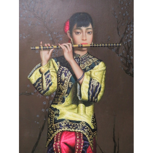 471 - Beautifully Painted Study of an Oriental Flute Player in Acrylics on Board. Frame size 27 x 39 inche... 