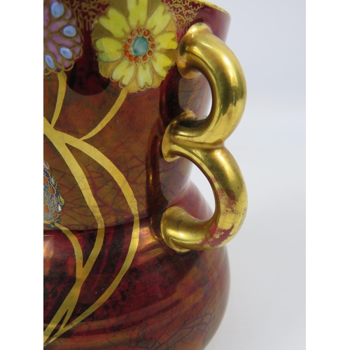 16 - Rare Carlton ware Flower and falling leaf pattern vase with hooped handles, 4 1/2