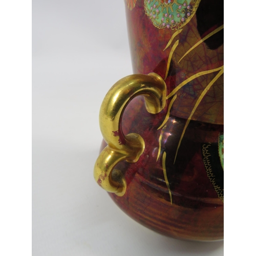 16 - Rare Carlton ware Flower and falling leaf pattern vase with hooped handles, 4 1/2