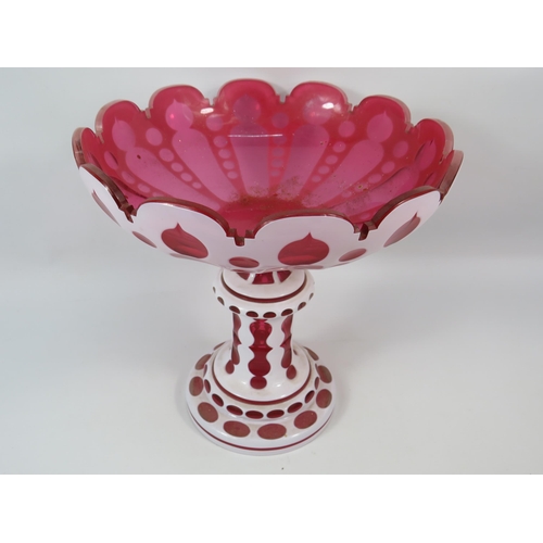 39 - Large Bohemian Moser style White overlay cut to cranberry centrepiece pedastal bowl / comport.10