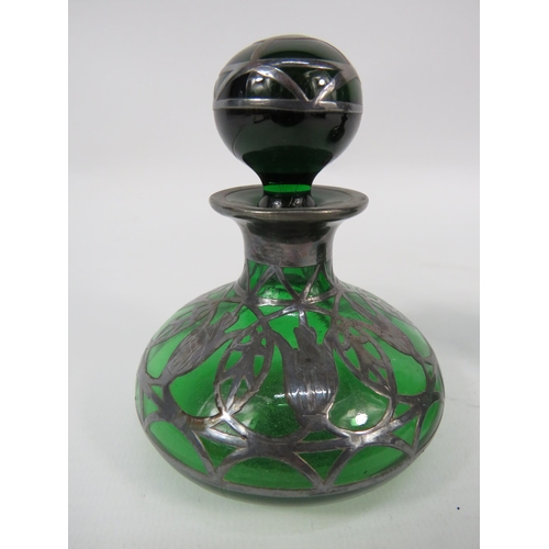 61 - Pair of Art Nouveau green glass with silver overlay scent bottles, 3.5