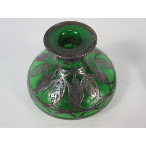 61 - Pair of Art Nouveau green glass with silver overlay scent bottles, 3.5