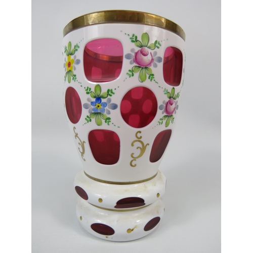 7 - Bohemian Moser style vase,white overlay and cut to cranberry with handpainted decoration. 6