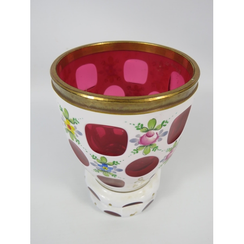 7 - Bohemian Moser style vase,white overlay and cut to cranberry with handpainted decoration. 6