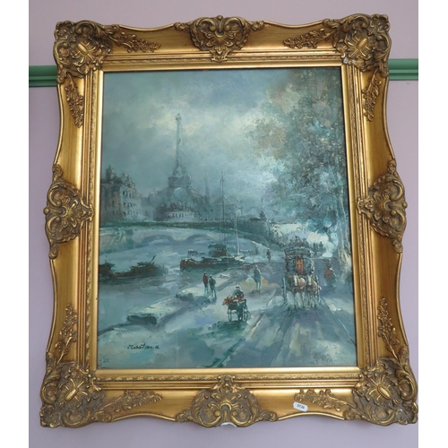 100 - Oil on Canvas of a Parisian scene signed K Sebastian in an ornate gilt frame. Frame size 30