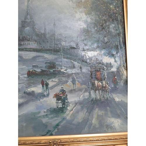 100 - Oil on Canvas of a Parisian scene signed K Sebastian in an ornate gilt frame. Frame size 30