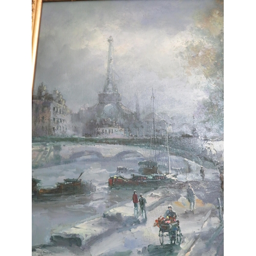 100 - Oil on Canvas of a Parisian scene signed K Sebastian in an ornate gilt frame. Frame size 30