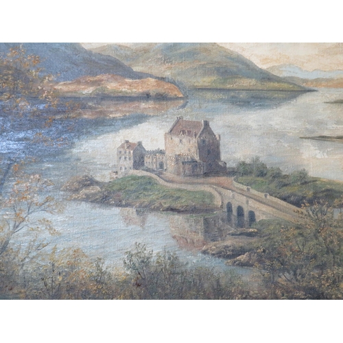 101 - Oil of canvas of Eilean Donan castle in an ornate gilt frame signed P Kilner, Frame size 24