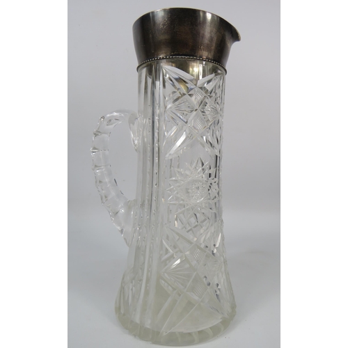 62 - Crystal cut glass jug with birmingham sterling silver collar, 9 3/4