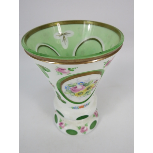 66 - Moser style bohemian vase white overlay cut to green with handpainted flowers, 6