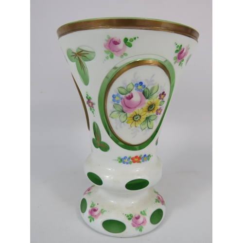 66 - Moser style bohemian vase white overlay cut to green with handpainted flowers, 6