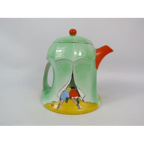 69 - Art Deco Shelley Hilder Cowham nursery ware tent teapot, repair to lid.