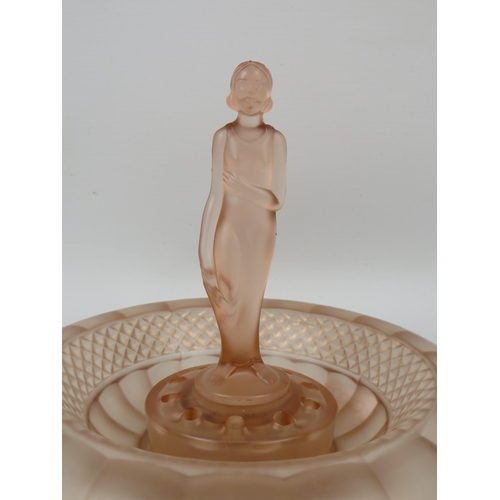 83 - Muller and co German Art deco frosted pink glass nude lady figurine and bowl.