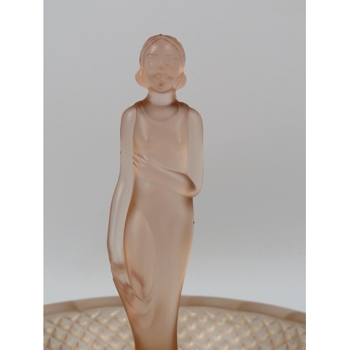 83 - Muller and co German Art deco frosted pink glass nude lady figurine and bowl.