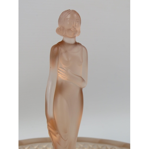 83 - Muller and co German Art deco frosted pink glass nude lady figurine and bowl.