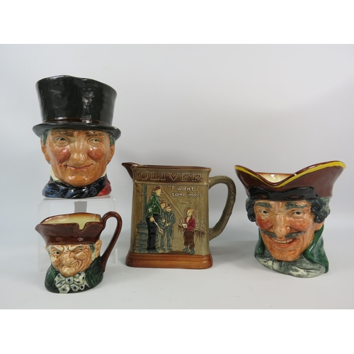 85 - Two Royal Doulton large toby jugs, John Peel and Dick Turpin plus a small jug Old Charley and a Oliv... 