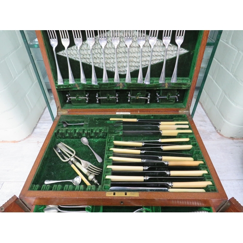 86 - Walker and Hall large 3 tier wooden cutlery chest and a large selection of cutlery Monogramed with t... 