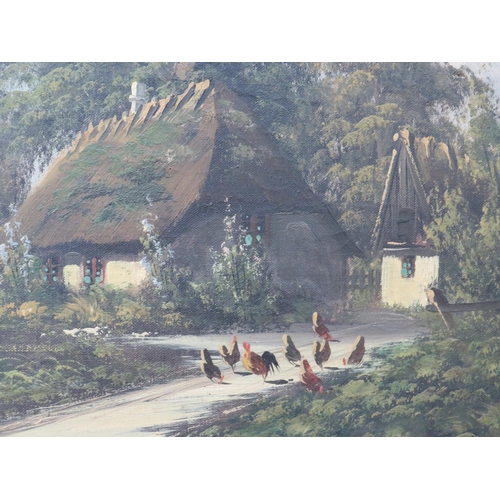 92 - Oil on canvas of a country cottage scene, signed by the artist. Frame measures 25