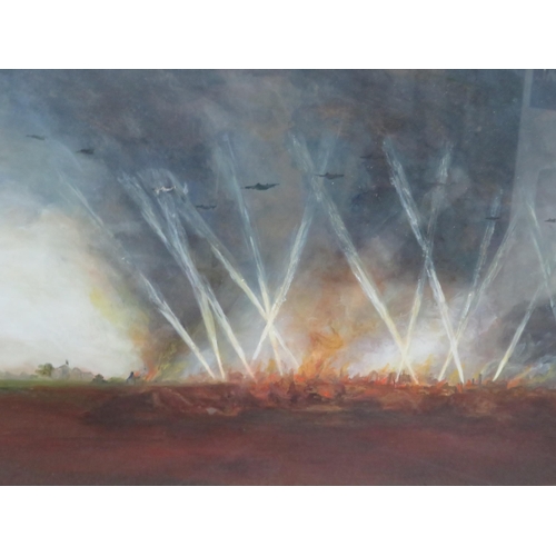 98 - Mixed media painting of an Air raid scene, frame size 16