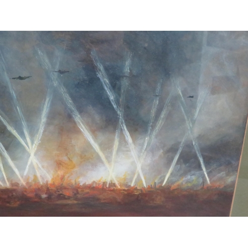 98 - Mixed media painting of an Air raid scene, frame size 16