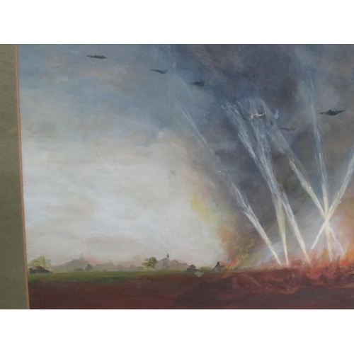 98 - Mixed media painting of an Air raid scene, frame size 16