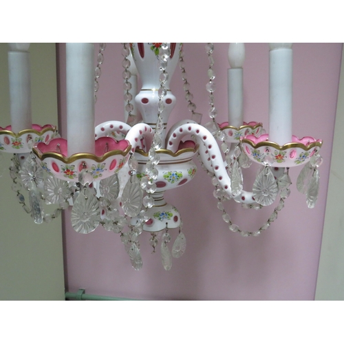 102 - Bohemian Moser style white overlay cut to cranberry with hand painted decoration five arm chandelier... 