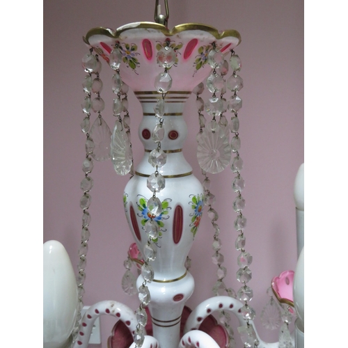 102 - Bohemian Moser style white overlay cut to cranberry with hand painted decoration five arm chandelier... 