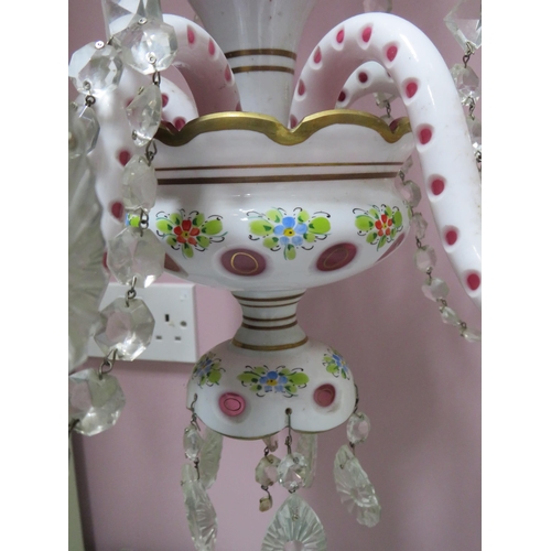 102 - Bohemian Moser style white overlay cut to cranberry with hand painted decoration five arm chandelier... 