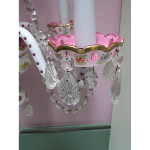 102 - Bohemian Moser style white overlay cut to cranberry with hand painted decoration five arm chandelier... 