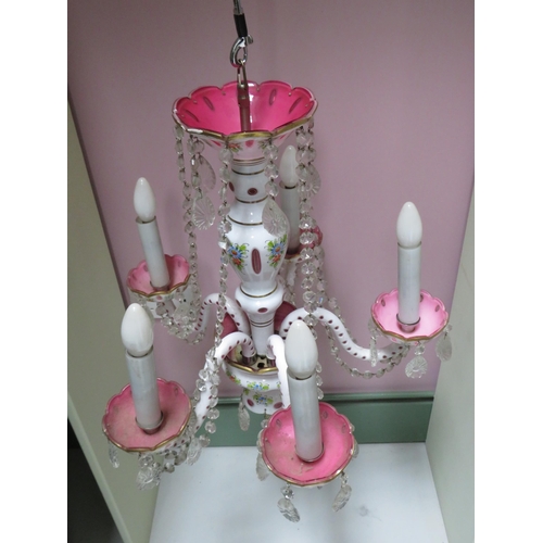 102 - Bohemian Moser style white overlay cut to cranberry with hand painted decoration five arm chandelier... 