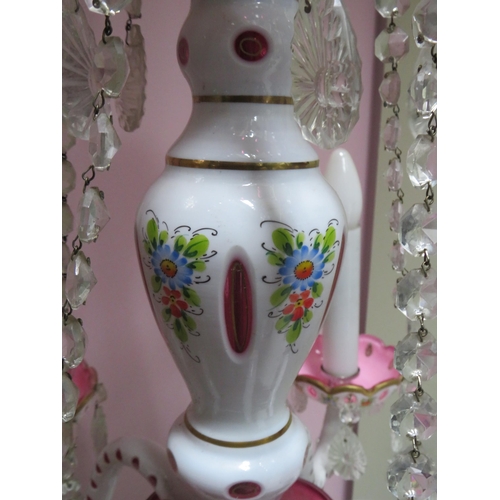 102 - Bohemian Moser style white overlay cut to cranberry with hand painted decoration five arm chandelier... 