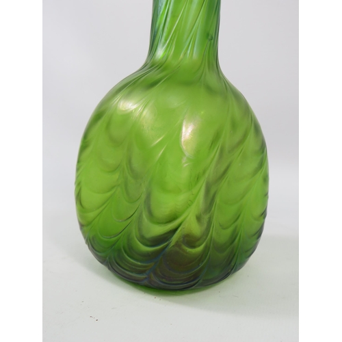 105 - Iridescent Loetz style green glass vase, 9 3/4