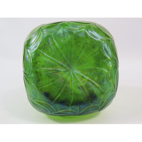 105 - Iridescent Loetz style green glass vase, 9 3/4