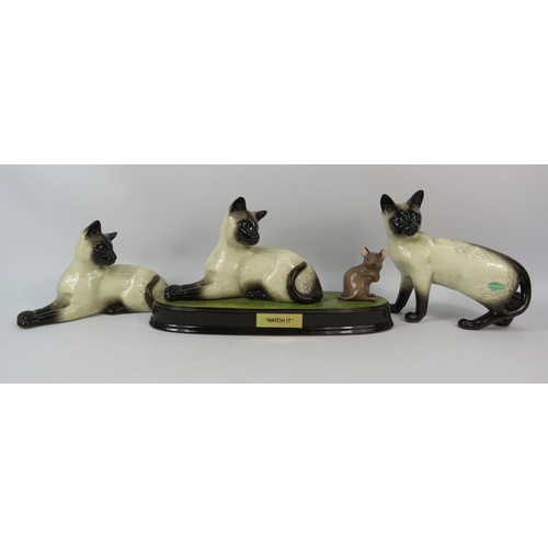 109 - Beswick Siamese cat figurines including one on a ceramic plaque with a mouse called 