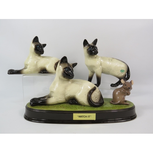 109 - Beswick Siamese cat figurines including one on a ceramic plaque with a mouse called 