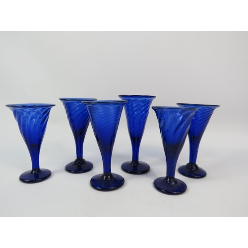 131 - Rare set of six antique hand blown Bristol blue glass small wine glasses, 4.5