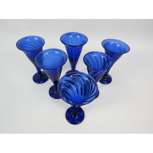 131 - Rare set of six antique hand blown Bristol blue glass small wine glasses, 4.5