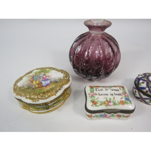 132 - Art glass scent bottle and 3 ceramic trinket/ pill boxes including ones by Dresden.