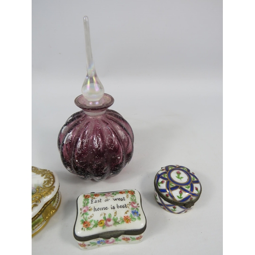 132 - Art glass scent bottle and 3 ceramic trinket/ pill boxes including ones by Dresden.