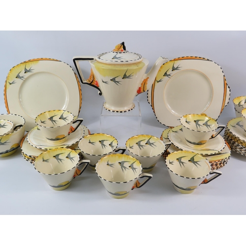 137 - Burleigh ware Zenith Sunray patten art deco teaset, 39 pieces in total. Two cups have hairlines crac... 