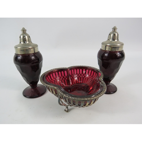 163 - Mappin and Webb sterling silver pierced basket with cranberry glass liner, 47.3 grams of silver plus... 