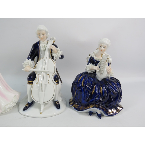 165 - Two Royal Doulton classics figurines and a pair of continental musical figuines.