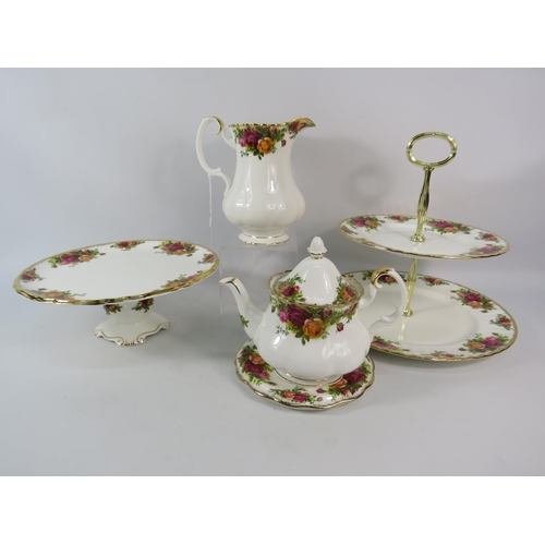 176 - Royal Albert Old Country Roses Cake plates, small teapot and stand and a large milk jug.