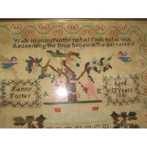 183 - Framed antique sampler dated 1841 Fanny Foster age 12, frame measures 16.5