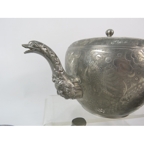 189 - Vintage Chinese Export Nguan Ching Heng / Wahlee Swatow pewter teapot, sugar bowl and jug.